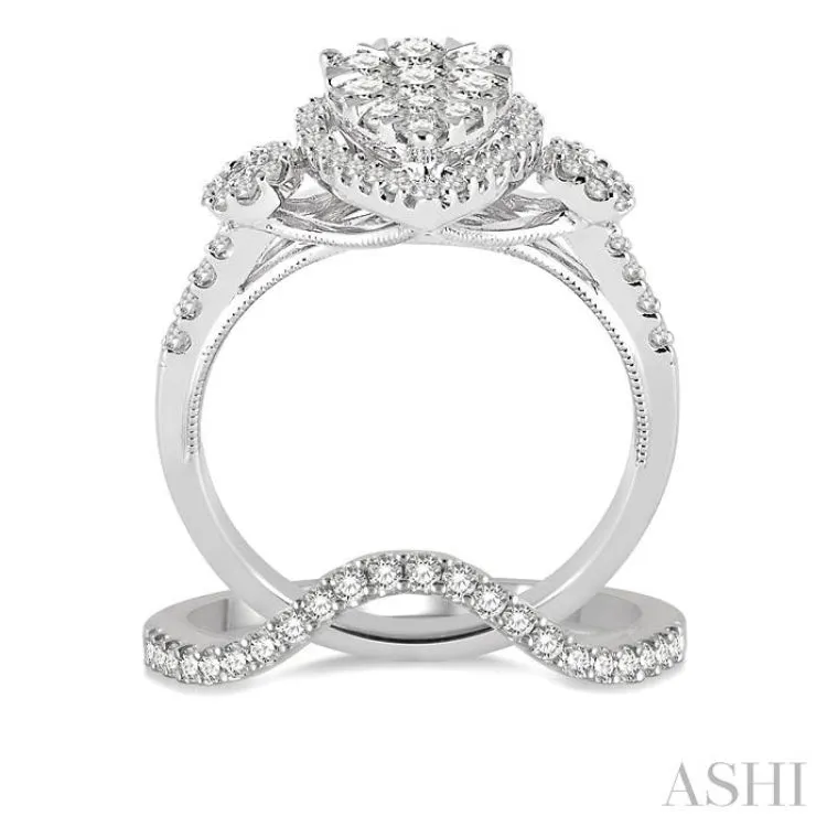 1 1/6 ctw Lovebright Round Cut Diamond Wedding Set With 1 ctw Pear Shape Floral Shank Engagement Ring and 1/5 ctw Wedding Band in 14K White Gold