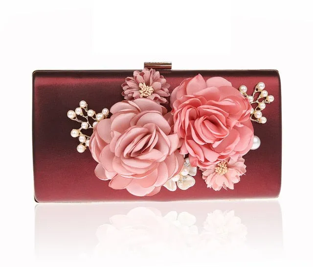 9 Color Styles Handmade Fabric Flowers Evening Bag Luxury Wedding Bride Clutch Bag Pearl  Handbag Mini Purse