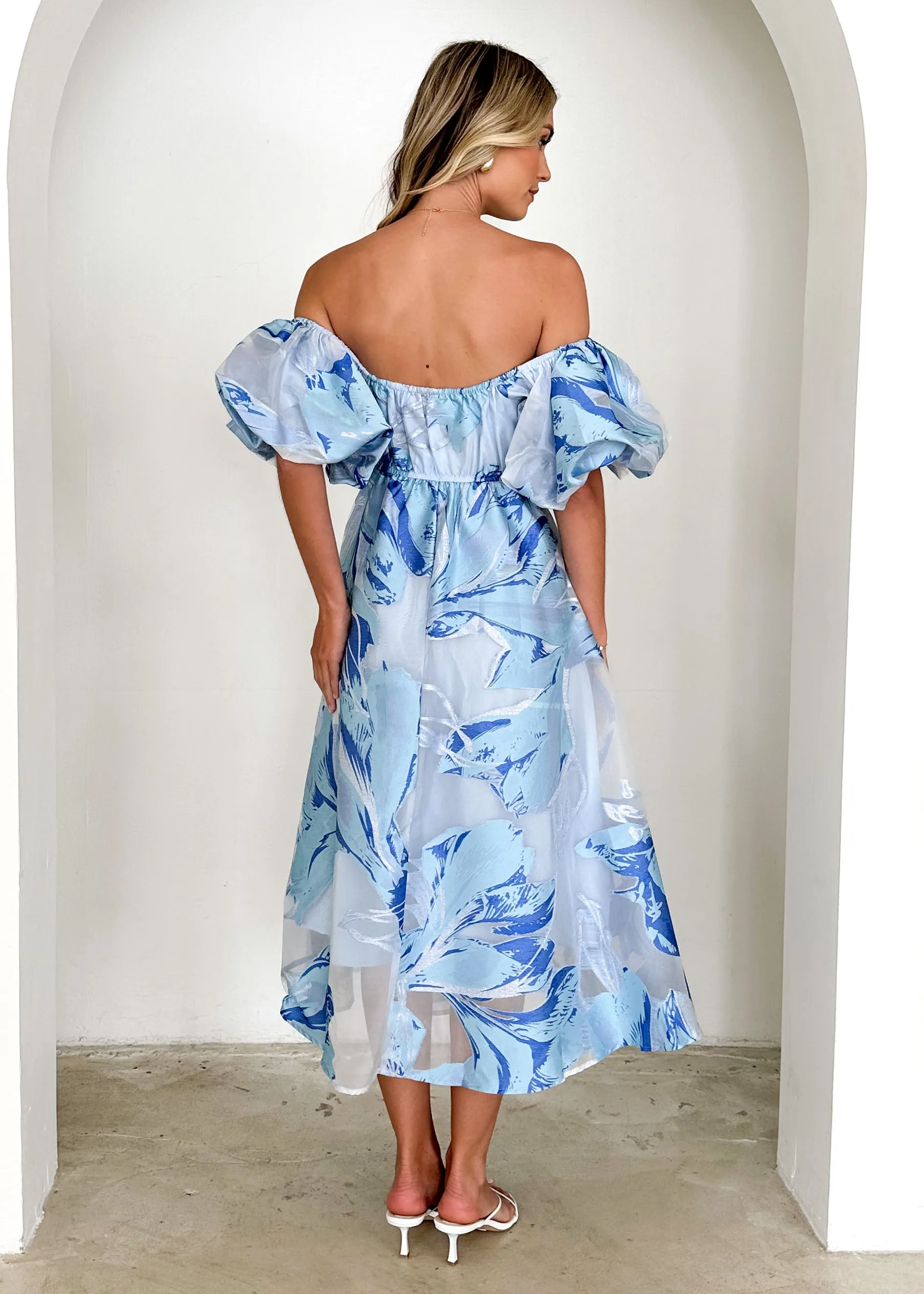 Anaya Off Shoulder Midi Dress - Sky Jacquard