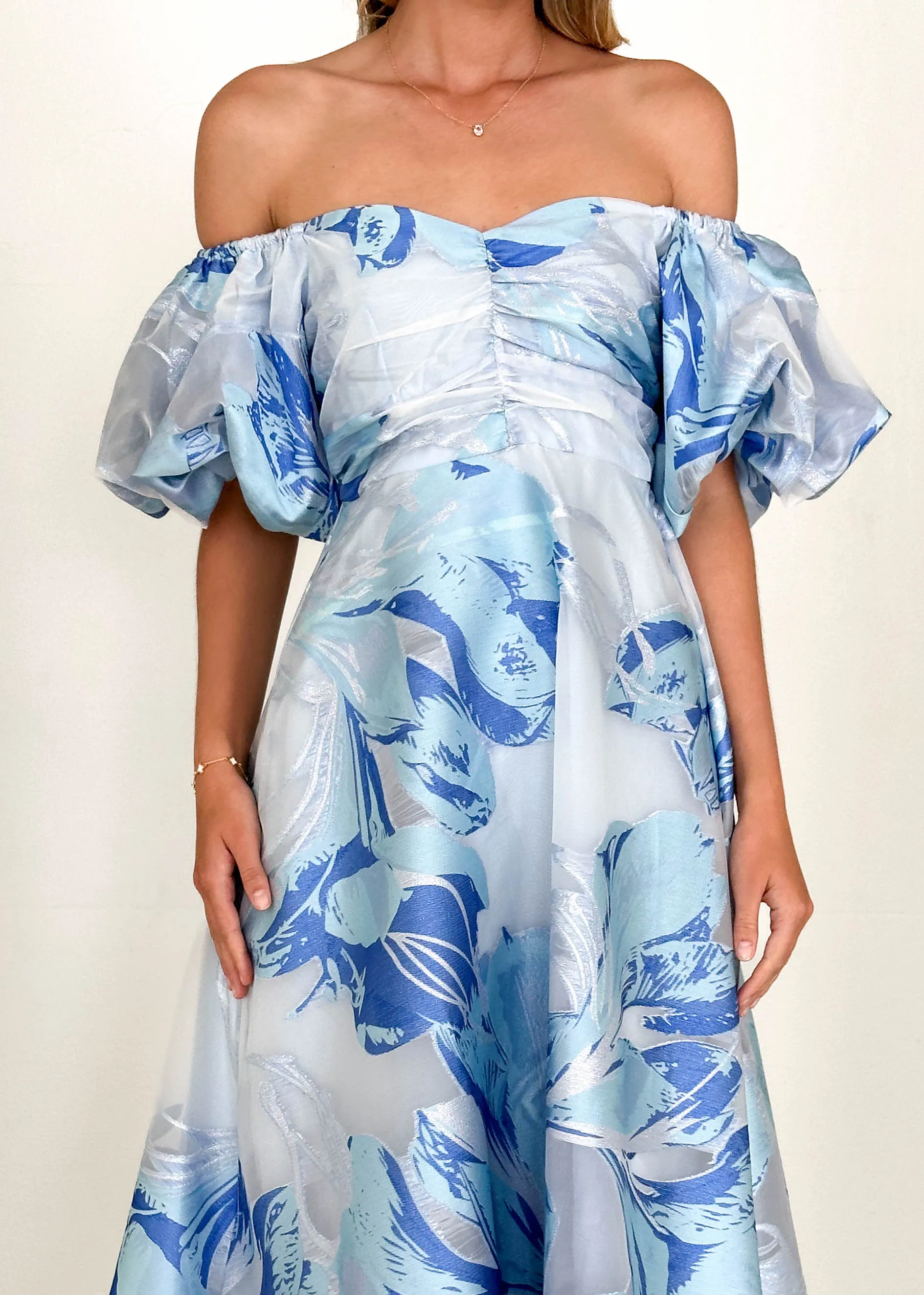 Anaya Off Shoulder Midi Dress - Sky Jacquard