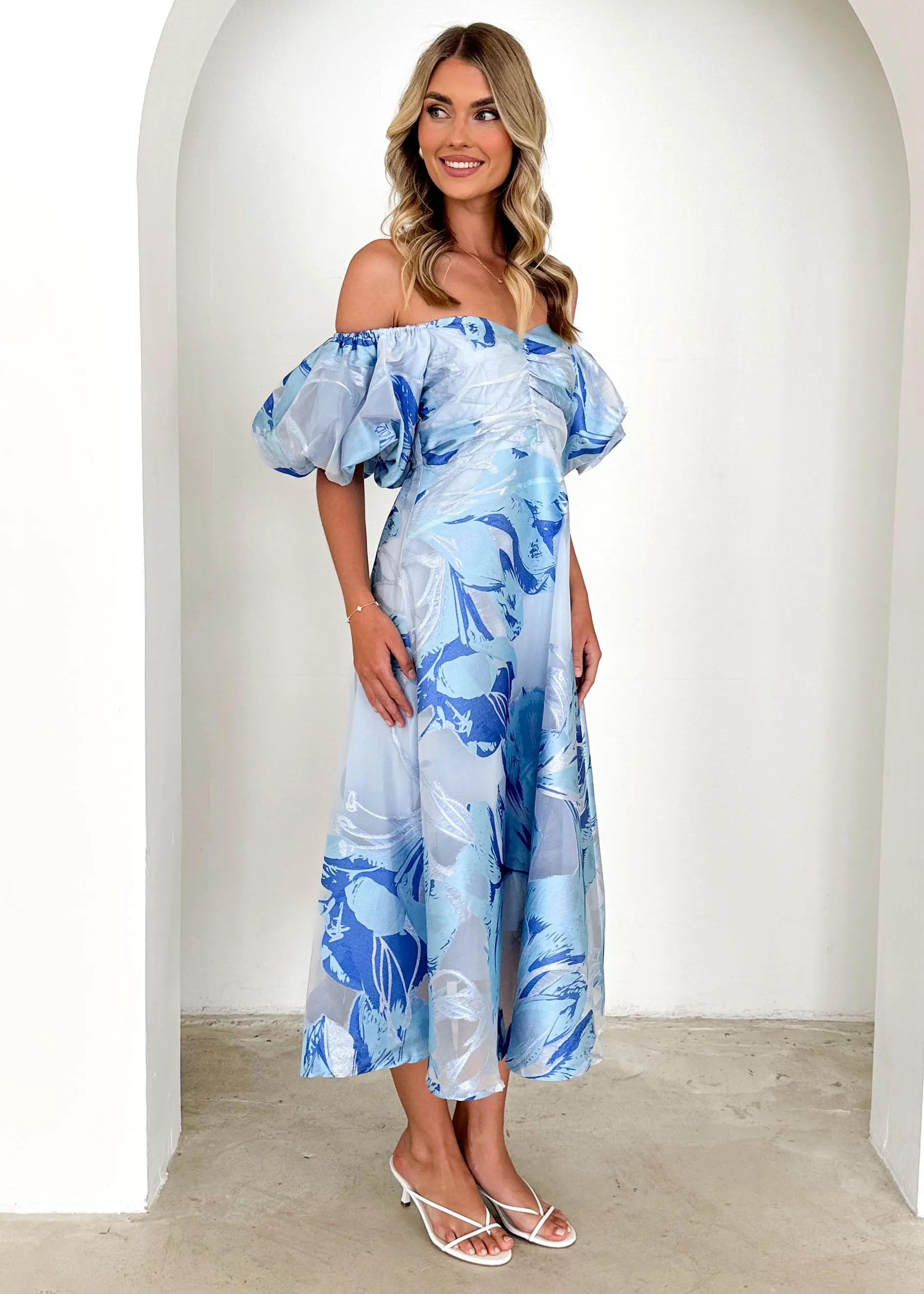 Anaya Off Shoulder Midi Dress - Sky Jacquard