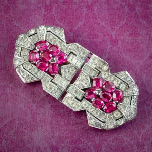 Art Deco French Ruby Paste Duette Dress Clip Brooch Silver