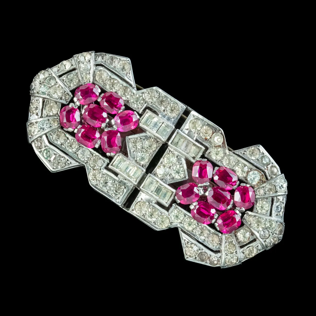 Art Deco French Ruby Paste Duette Dress Clip Brooch Silver