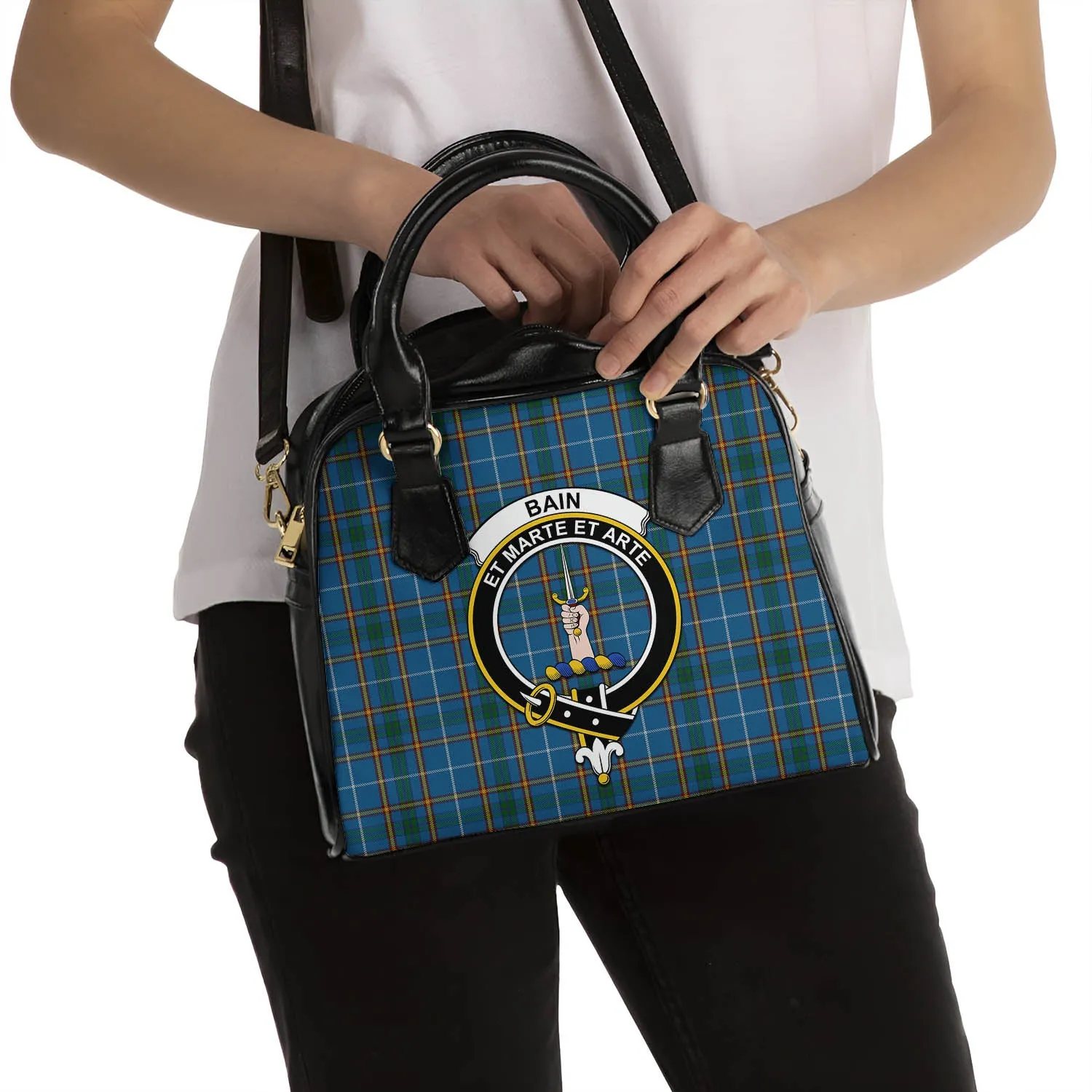 Bain Tartan Shoulder Handbags with Family Crest