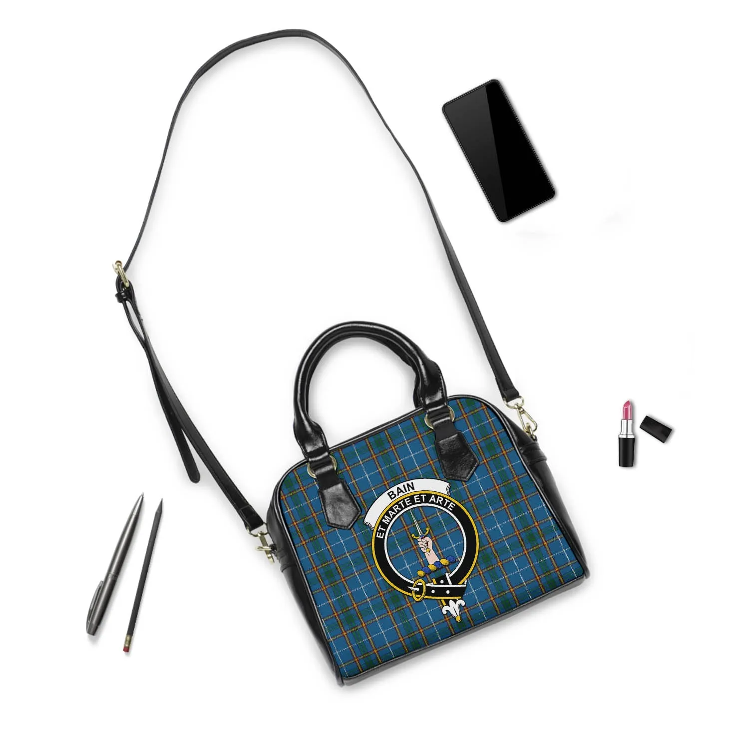 Bain Tartan Shoulder Handbags with Family Crest