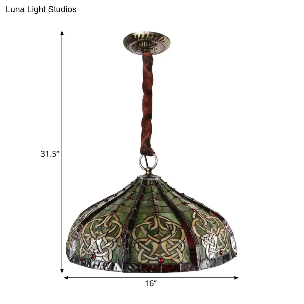 Baroque Hand-Cut Glass Pendant Light: Barn Ceiling Green Chandelier with Beaded Deco- 3 Bulbs