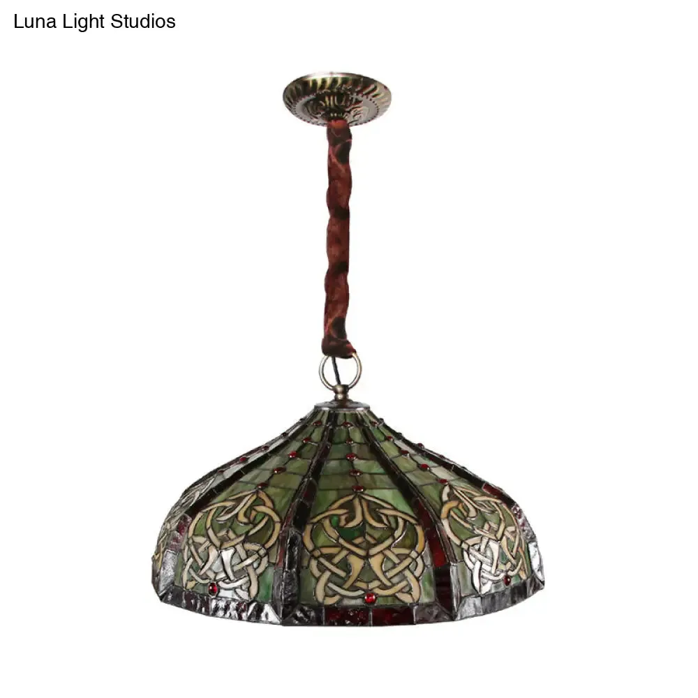 Baroque Hand-Cut Glass Pendant Light: Barn Ceiling Green Chandelier with Beaded Deco- 3 Bulbs