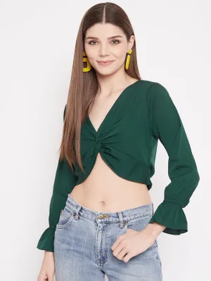 Berrylush Women Solid Green V-Neck Front Twisted Crop Top