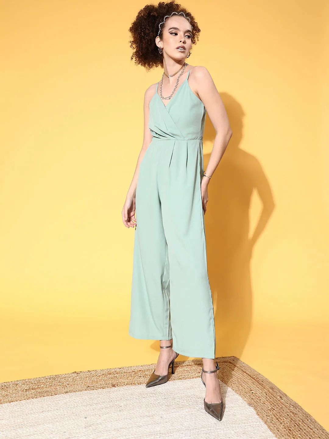 Berrylush Women Solid Green V-Neck Sleeveless Gathered Wrap Basic Jumpsuit