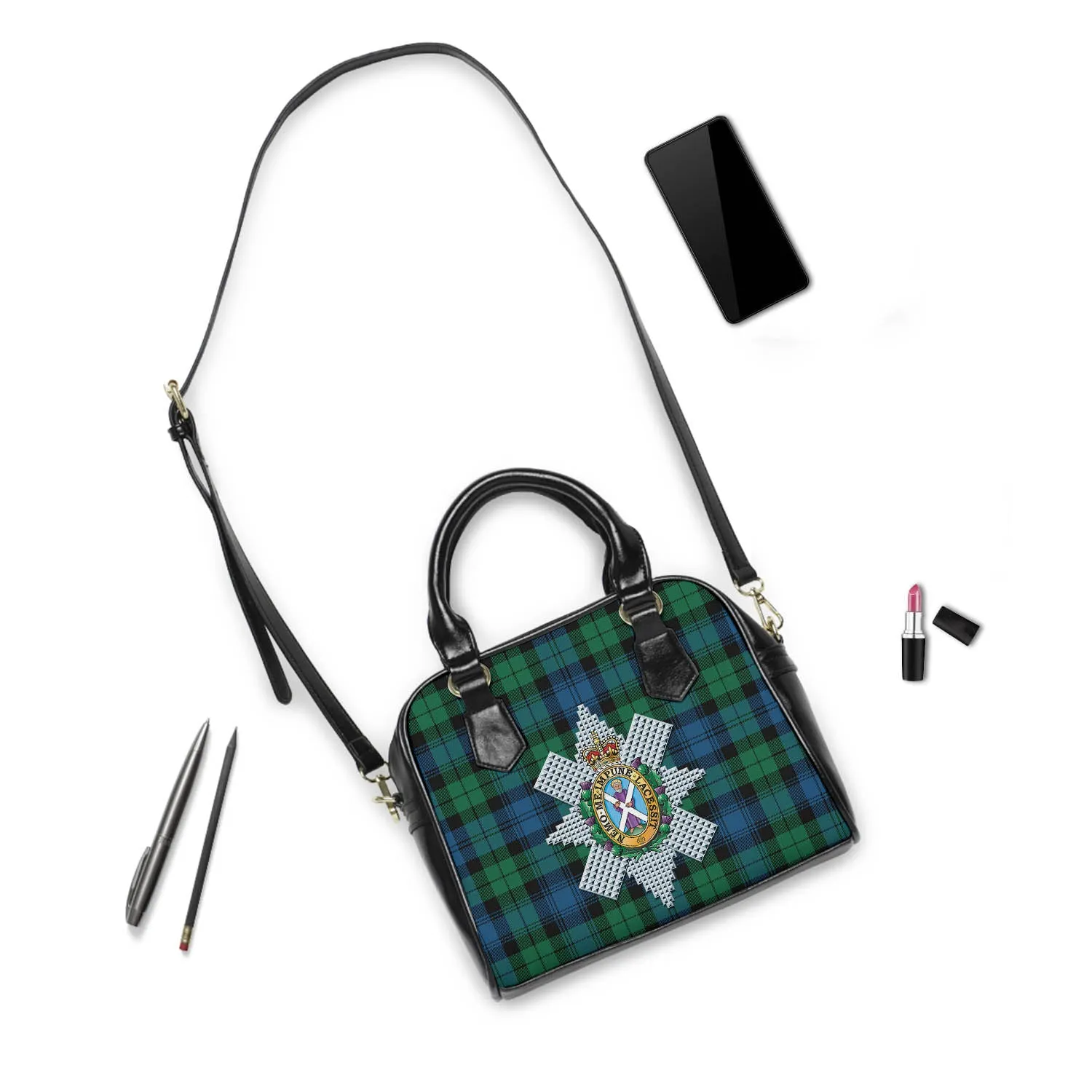 Black Watch Ancient Tartan Shoulder Handbags with Family Crest