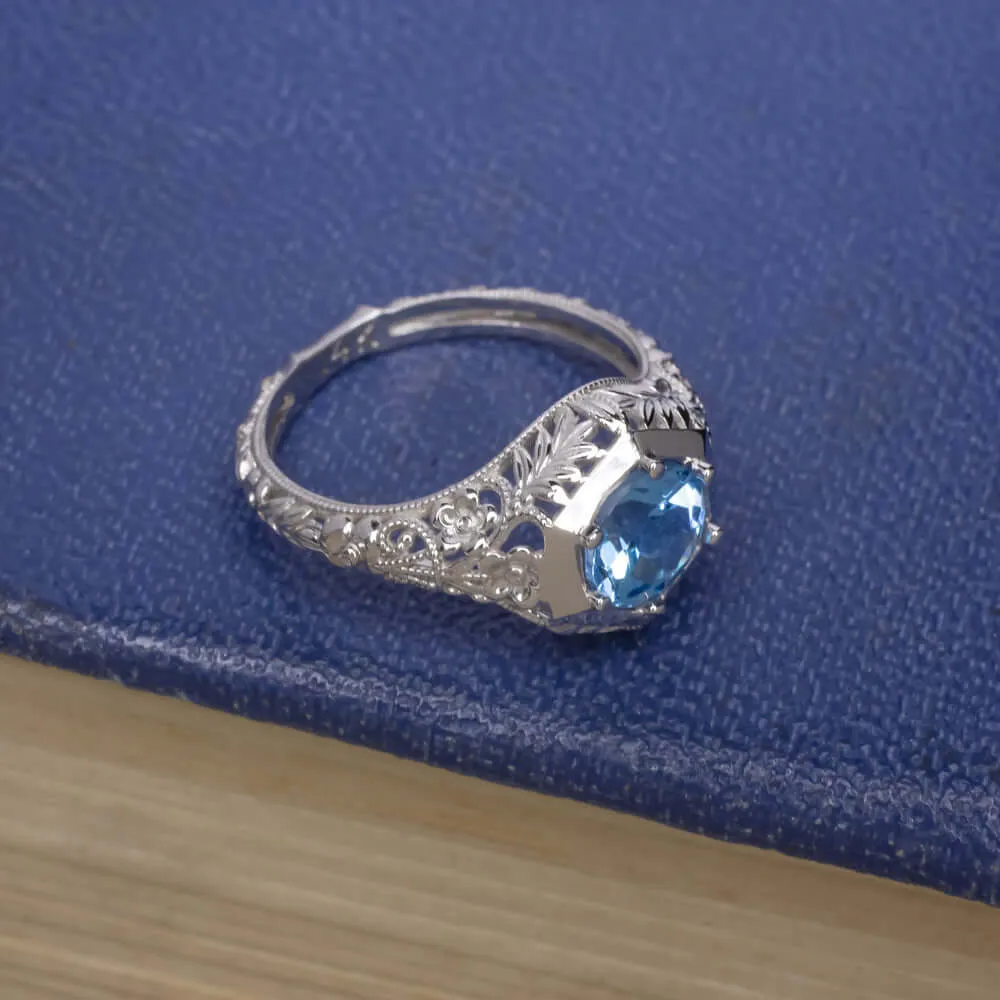 BLUE TOPAZ 14k WHITE GOLD FILIGREE RING VINTAGE STYLE ROUND SOLITAIRE GEMSTONE