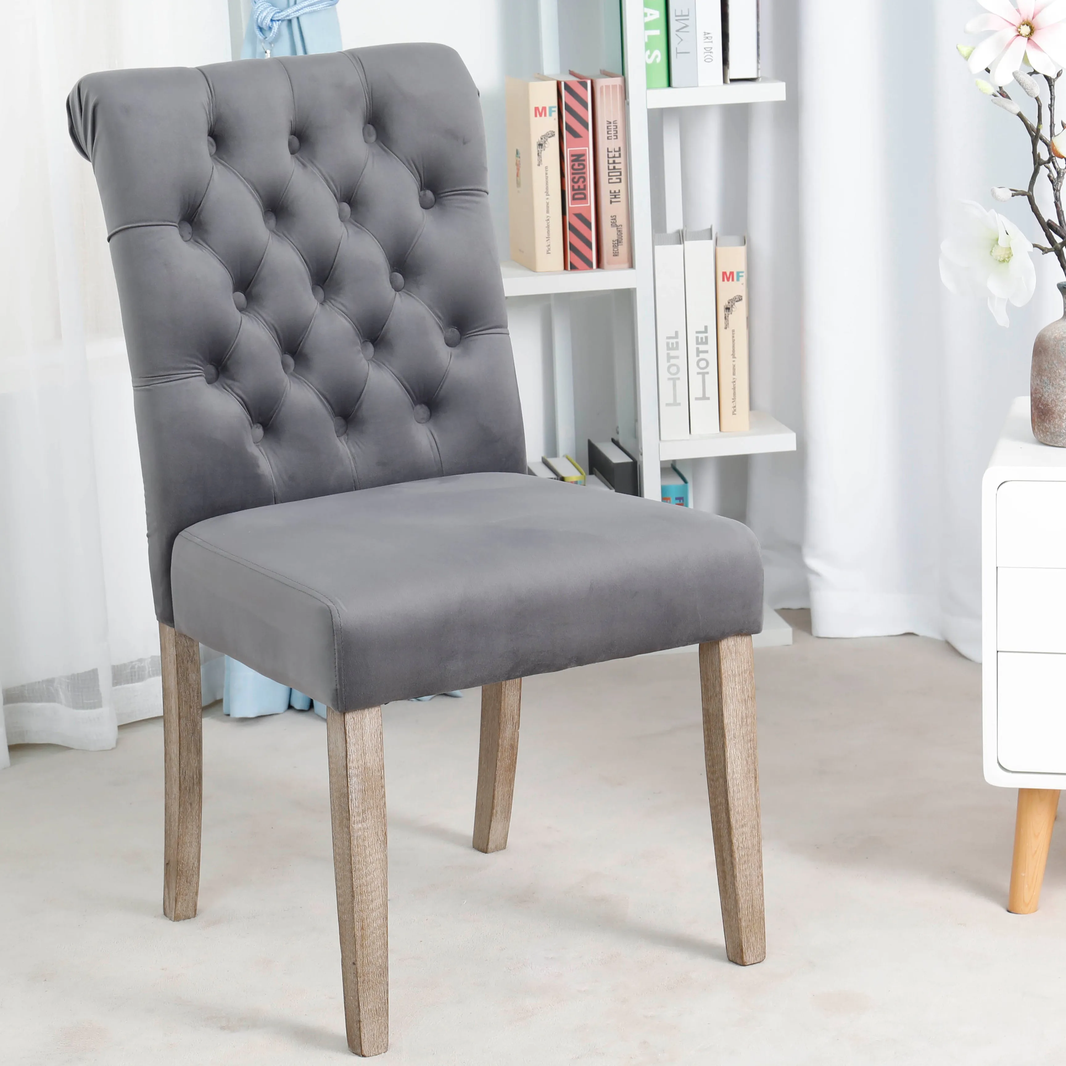 BTExpert GREY upholstery dining Chair velvet tufted Camran High Back Velvet Charcoal Tufted