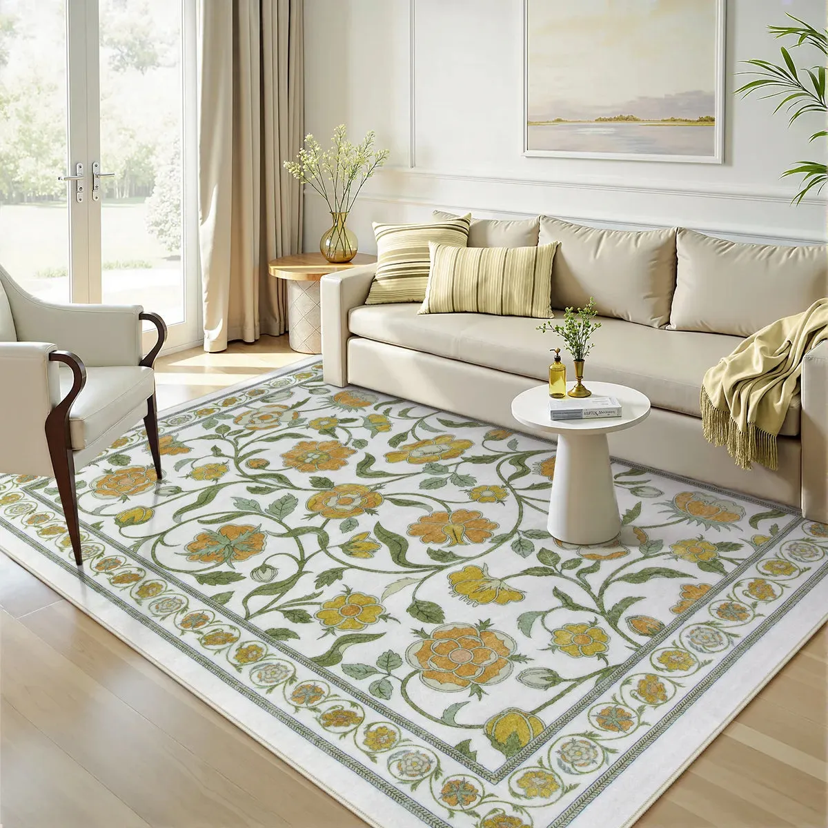 Claire Boho French Elegant Floral Beige Rug