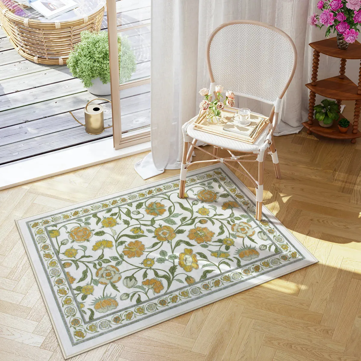 Claire Boho French Elegant Floral Beige Rug