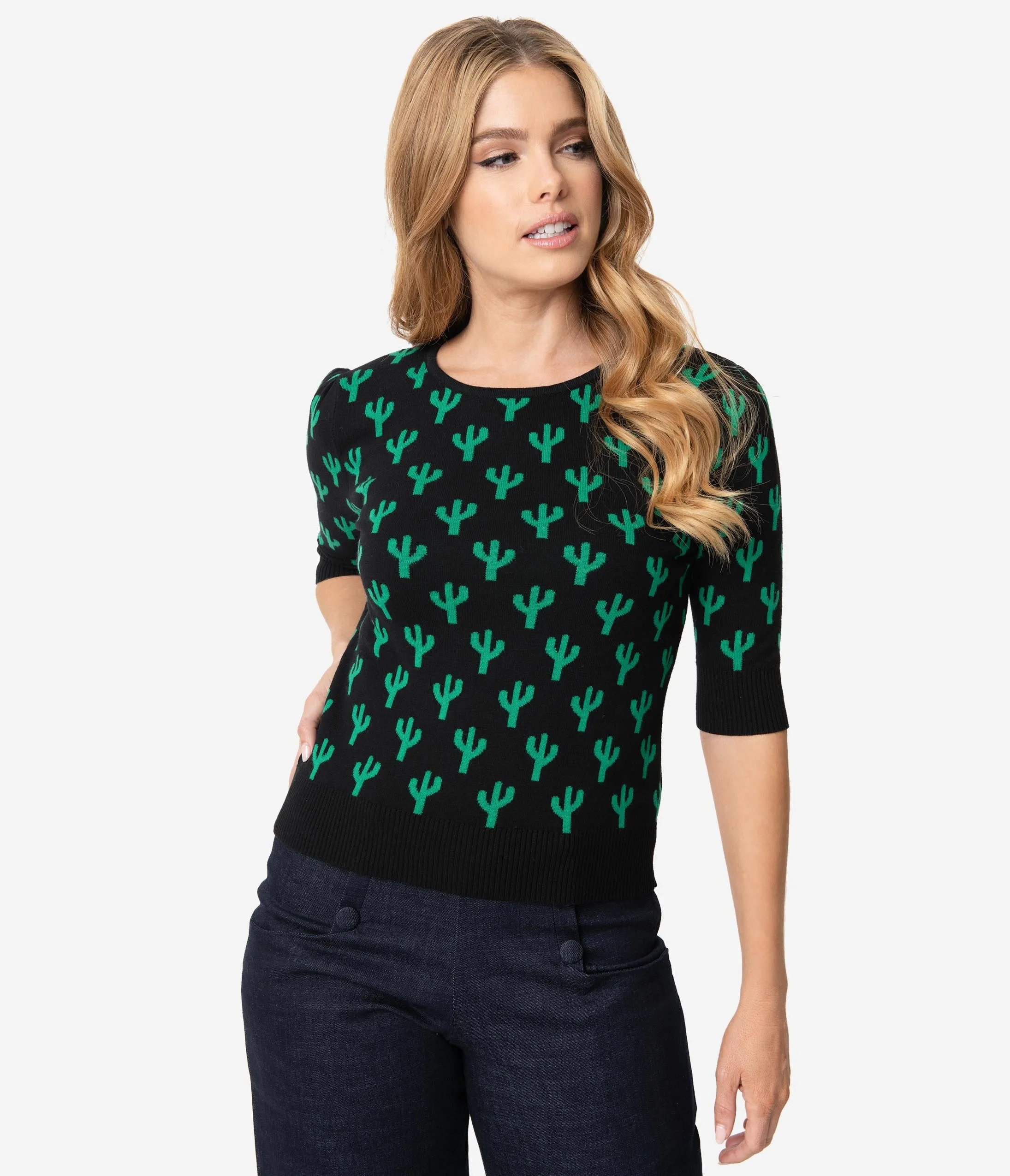 Collectif Black & Green Cactus Chrissie Knit Sweater