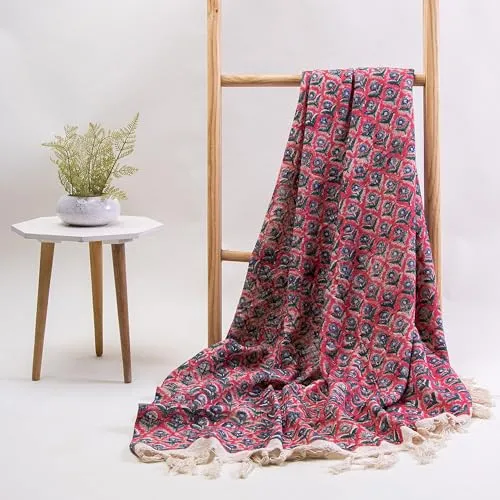 DMAASA Floral Block Print Cotton Throw Blanket | Rose Print Throw 50x60 Inches for Sofa, Chair, Bed and Couch, Multi Use Lightweight Breathable Throw Blanket