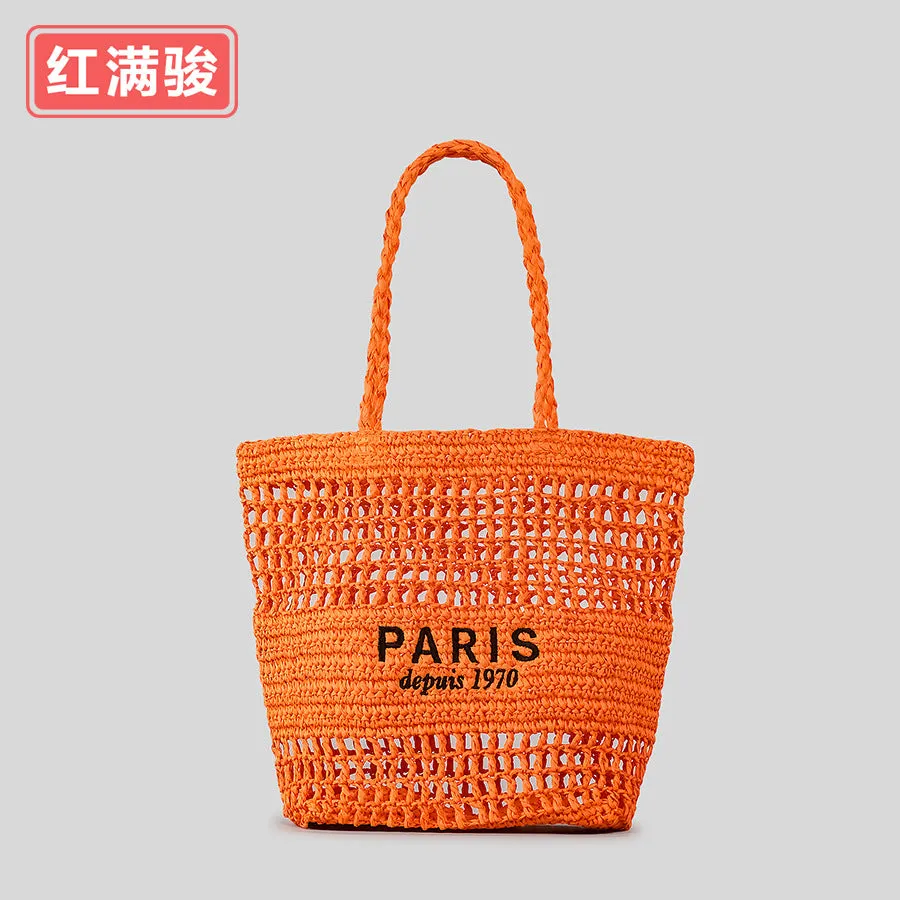 DUNNMALL New Embroidery Letter Hollow out Straw Handbag Women's Large Capacity Hand-Woven Shoulder Bag Niche Vegetable Basket Bag