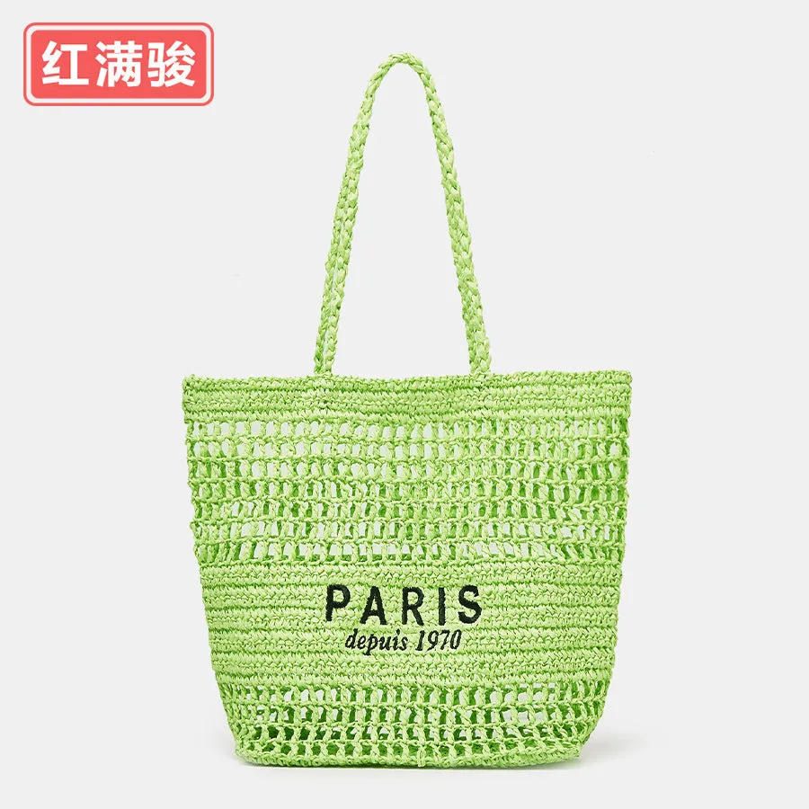 DUNNMALL New Embroidery Letter Hollow out Straw Handbag Women's Large Capacity Hand-Woven Shoulder Bag Niche Vegetable Basket Bag