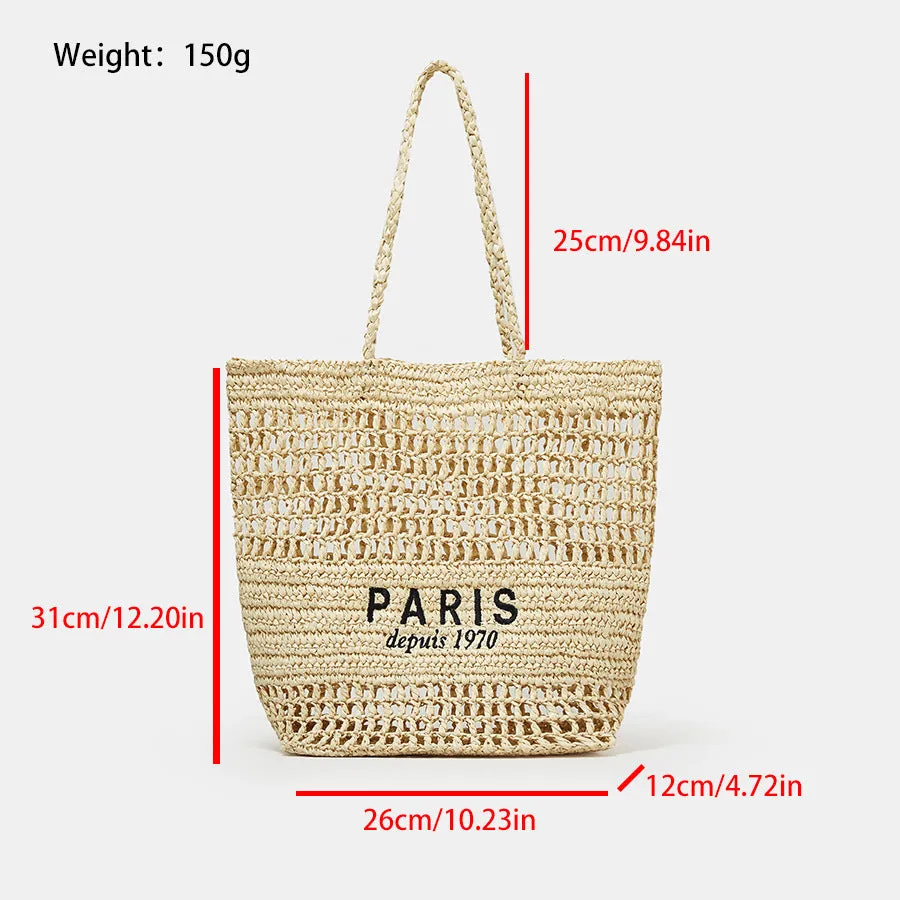 DUNNMALL New Embroidery Letter Hollow out Straw Handbag Women's Large Capacity Hand-Woven Shoulder Bag Niche Vegetable Basket Bag