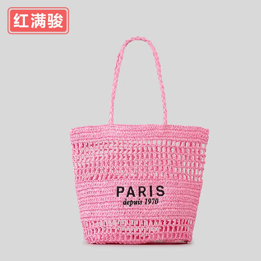 DUNNMALL New Embroidery Letter Hollow out Straw Handbag Women's Large Capacity Hand-Woven Shoulder Bag Niche Vegetable Basket Bag