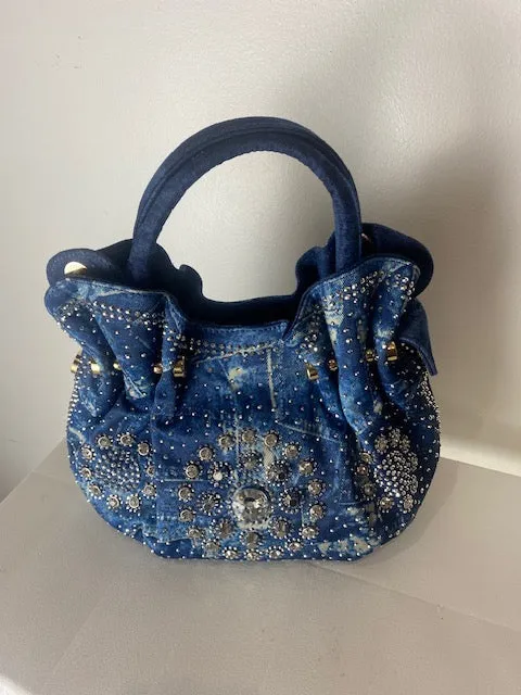 Elegant Blue Denim Rhinestone-Studded Top-Handle Bag with Floral Pattern