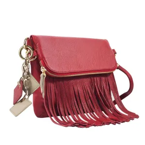 Flamingo Leather Fringe Handbag- Scarlet Red