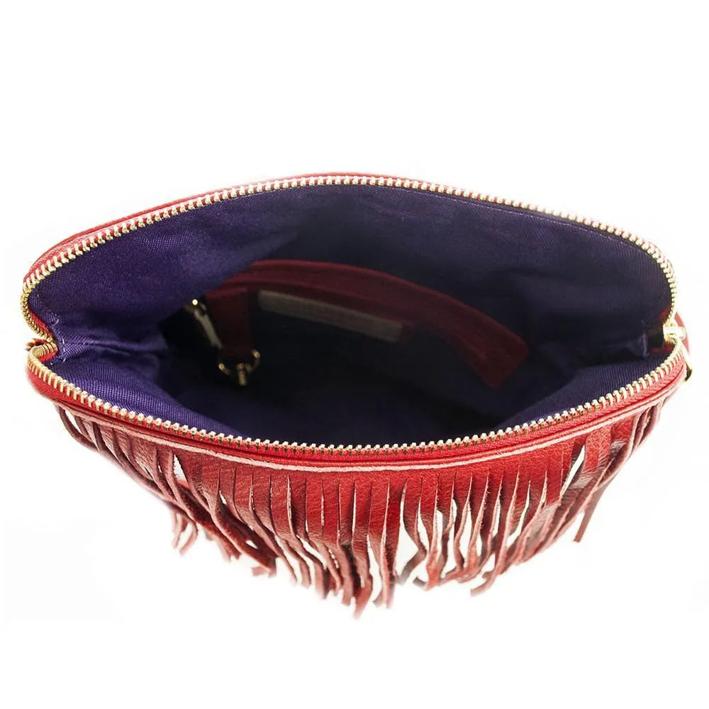 Flamingo Leather Fringe Handbag- Scarlet Red