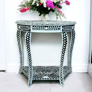 Floral Bone Inlay Half Moon Console Black