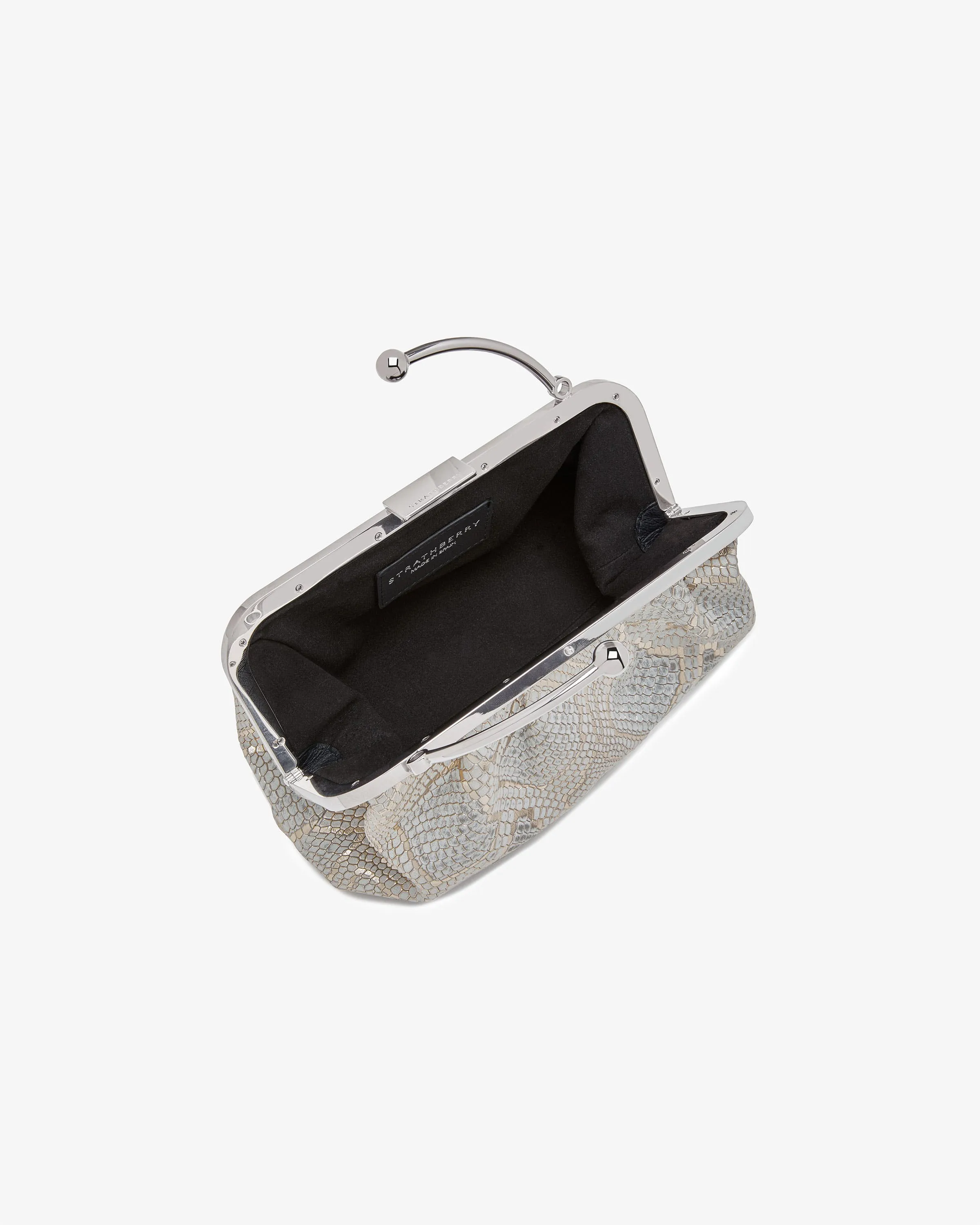 Frame Clutch - Snake-Embossed Leather Metallic Silver