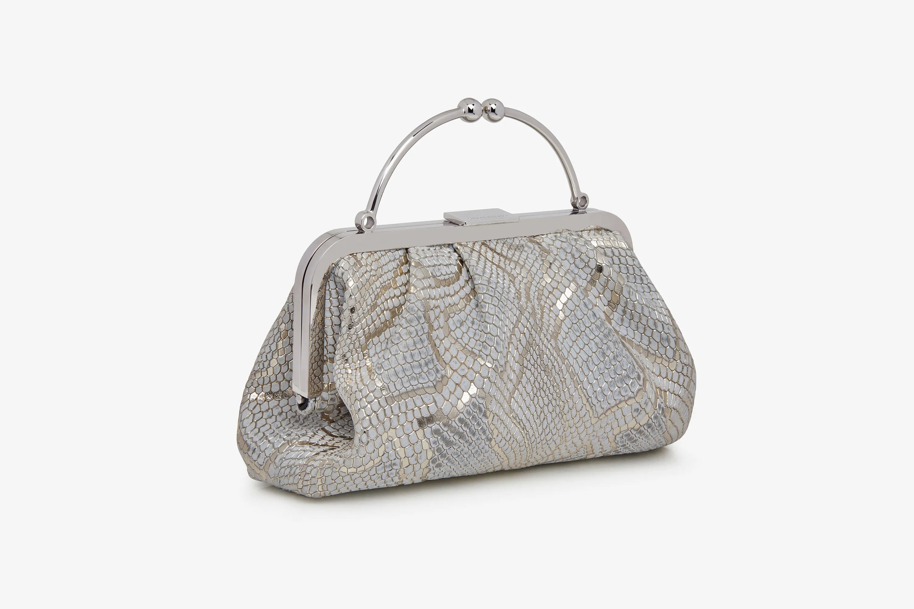 Frame Clutch - Snake-Embossed Leather Metallic Silver