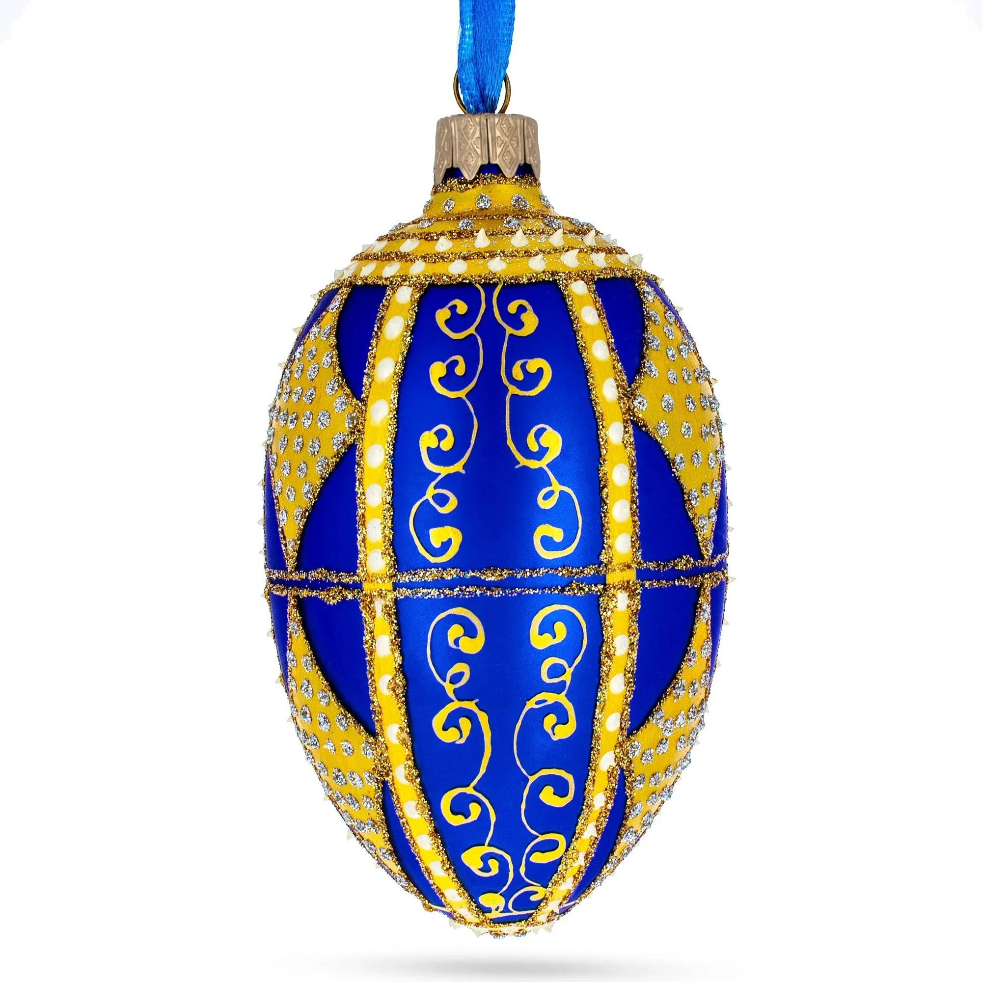 Golden Rhombus Glass Egg Christmas Ornament 4 Inches