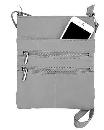 Grey Mini Cross Body Purse Adjustable Strap Multi Pocket Double Zipper Handbag Designed in the U.S.A.