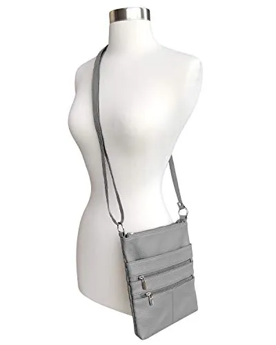 Grey Mini Cross Body Purse Adjustable Strap Multi Pocket Double Zipper Handbag Designed in the U.S.A.