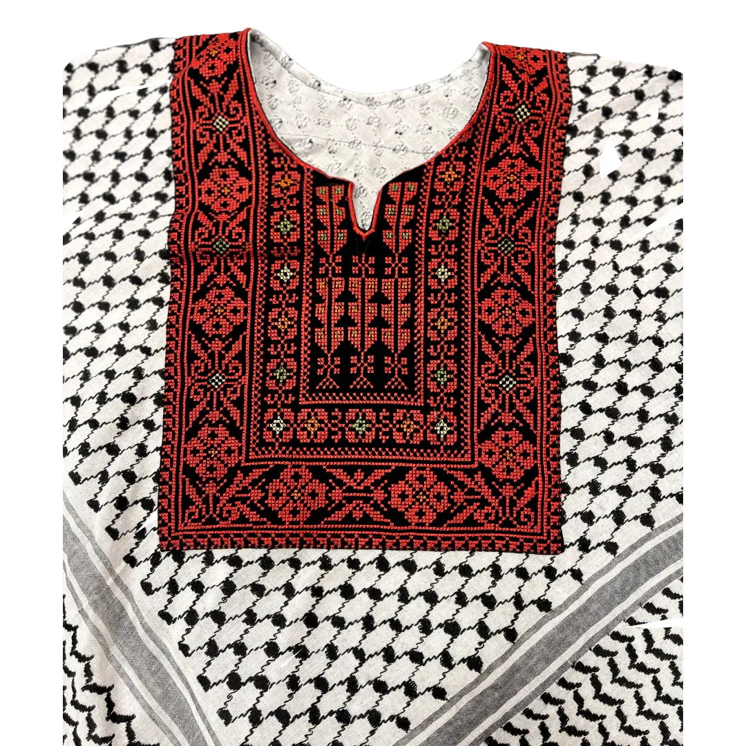 Hand Stitched Red & Black Poncho with Keffiyeh design and Embroidery