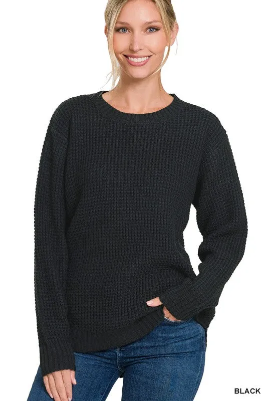 Hi-Low Long Sleeve Round Neck Waffle Sweater