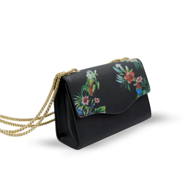 IVANHOE - Addison Road Black Leather Clutch Bag with Tropical Print