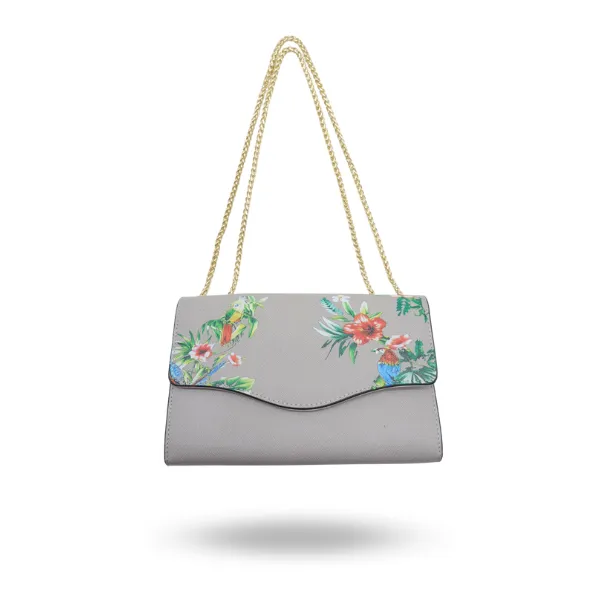 IVANHOE - Addison Road Taupe Leather Clutch Bag with Tropical Print