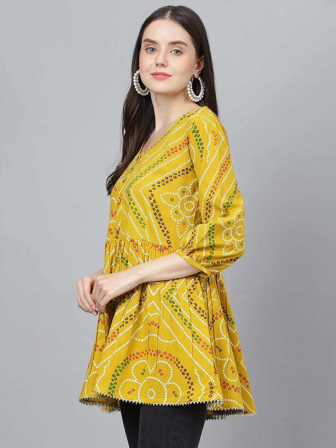 Jashvi Mustard Bandhani Printed Cotton Peplum Top