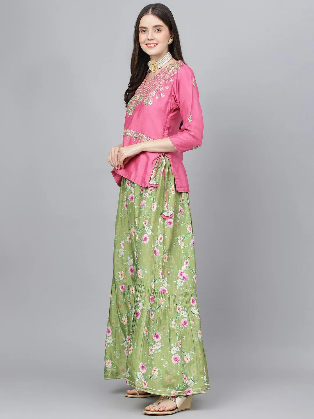 Jashvi Pink and Green Russian Silk Flared Lehenga Choli Set with Organza Dupatta