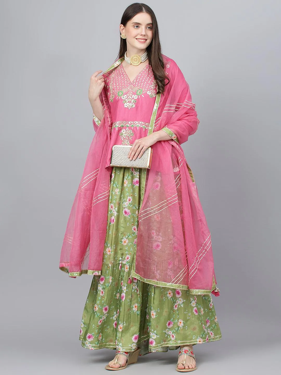 Jashvi Pink and Green Russian Silk Flared Lehenga Choli Set with Organza Dupatta