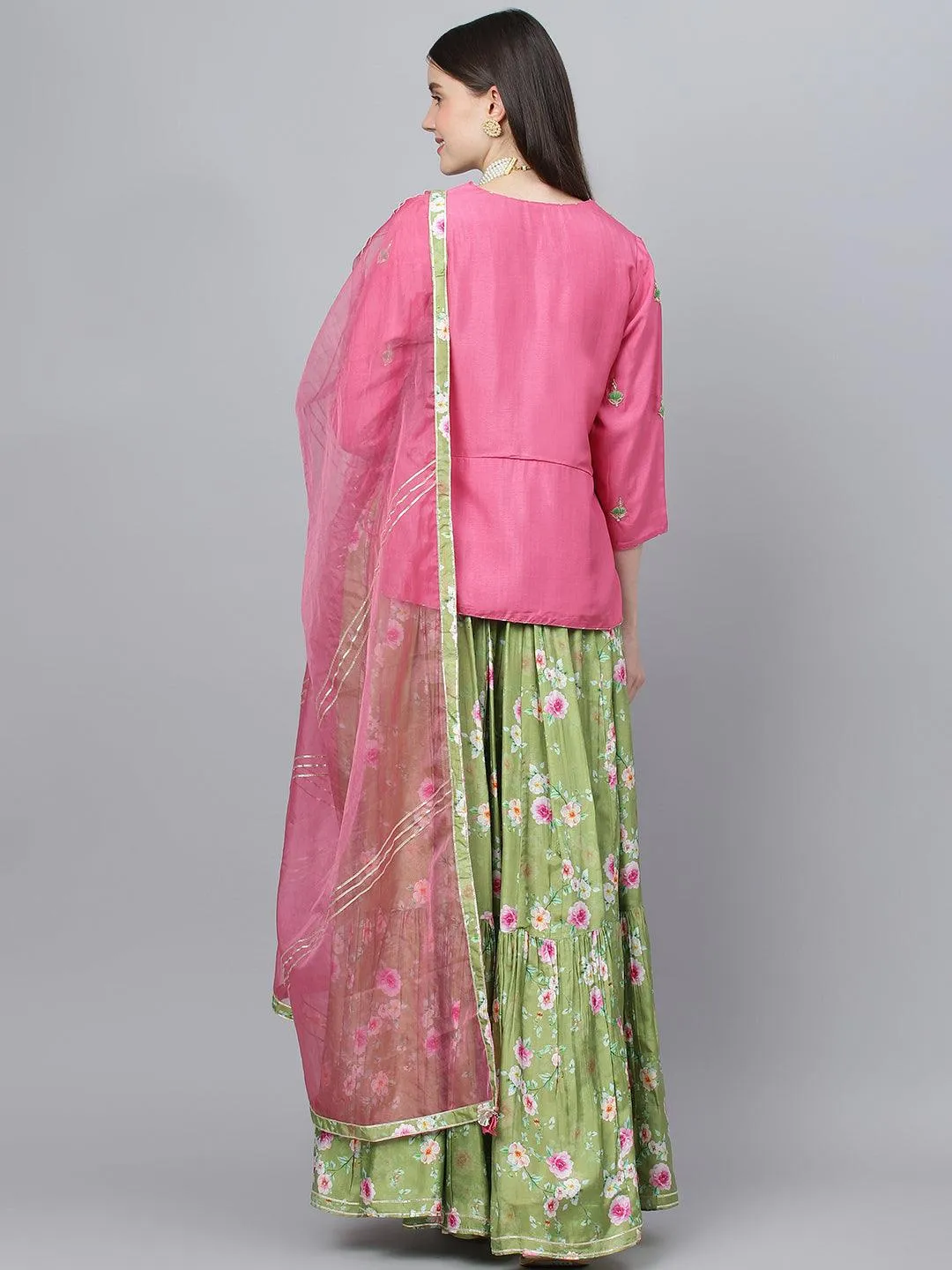 Jashvi Pink and Green Russian Silk Flared Lehenga Choli Set with Organza Dupatta