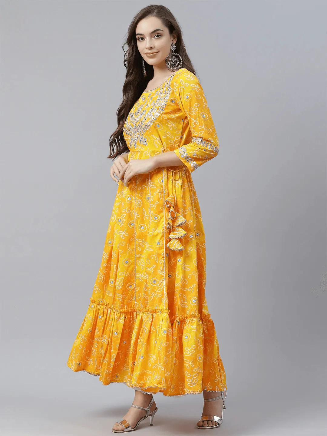 Jashvi Yellow Cotton Flared Gota Work Bandhani Kurta