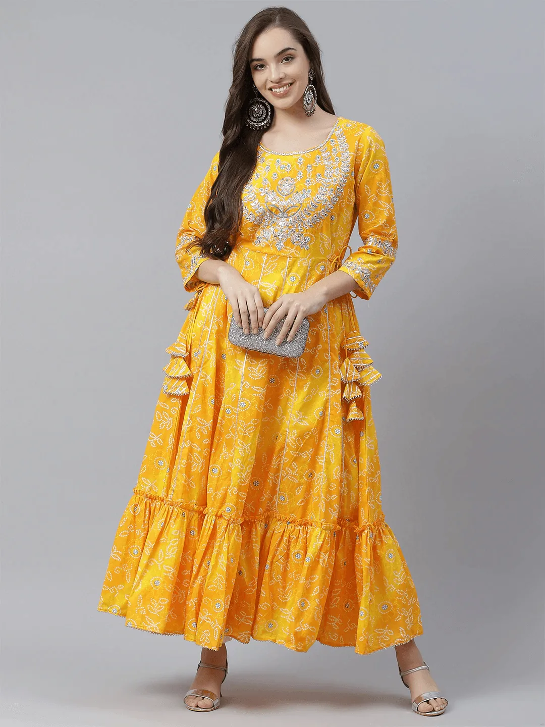 Jashvi Yellow Cotton Flared Gota Work Bandhani Kurta