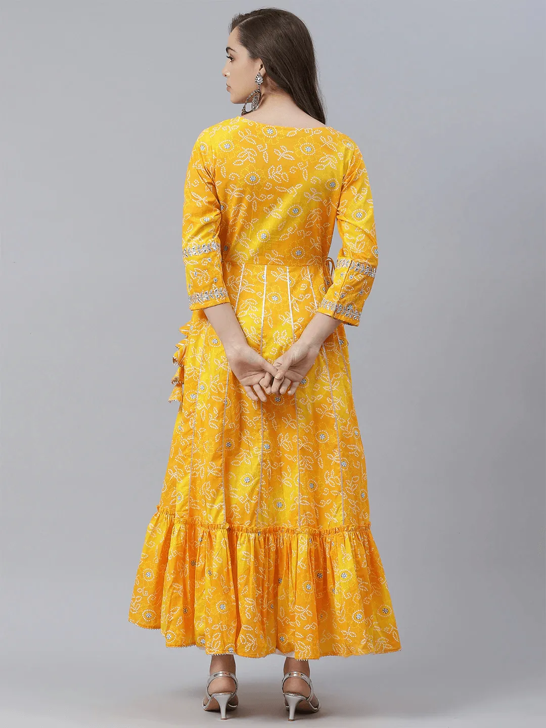 Jashvi Yellow Cotton Flared Gota Work Bandhani Kurta