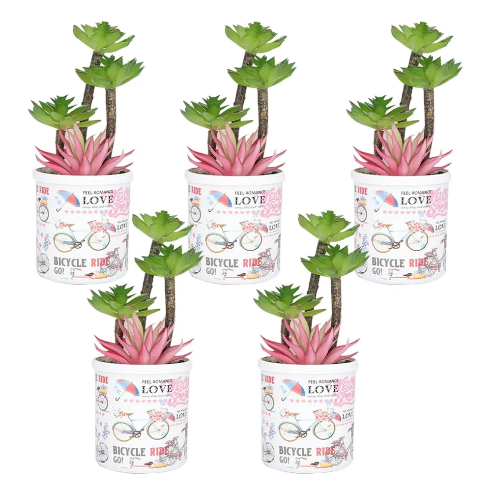 Kuber Industries Artificial Plants for Home D�cor|Natural Looking Indoor Fake Plants with Pot|Artificial Flowers for Decoration-Pack of 5 (Pink & Green)