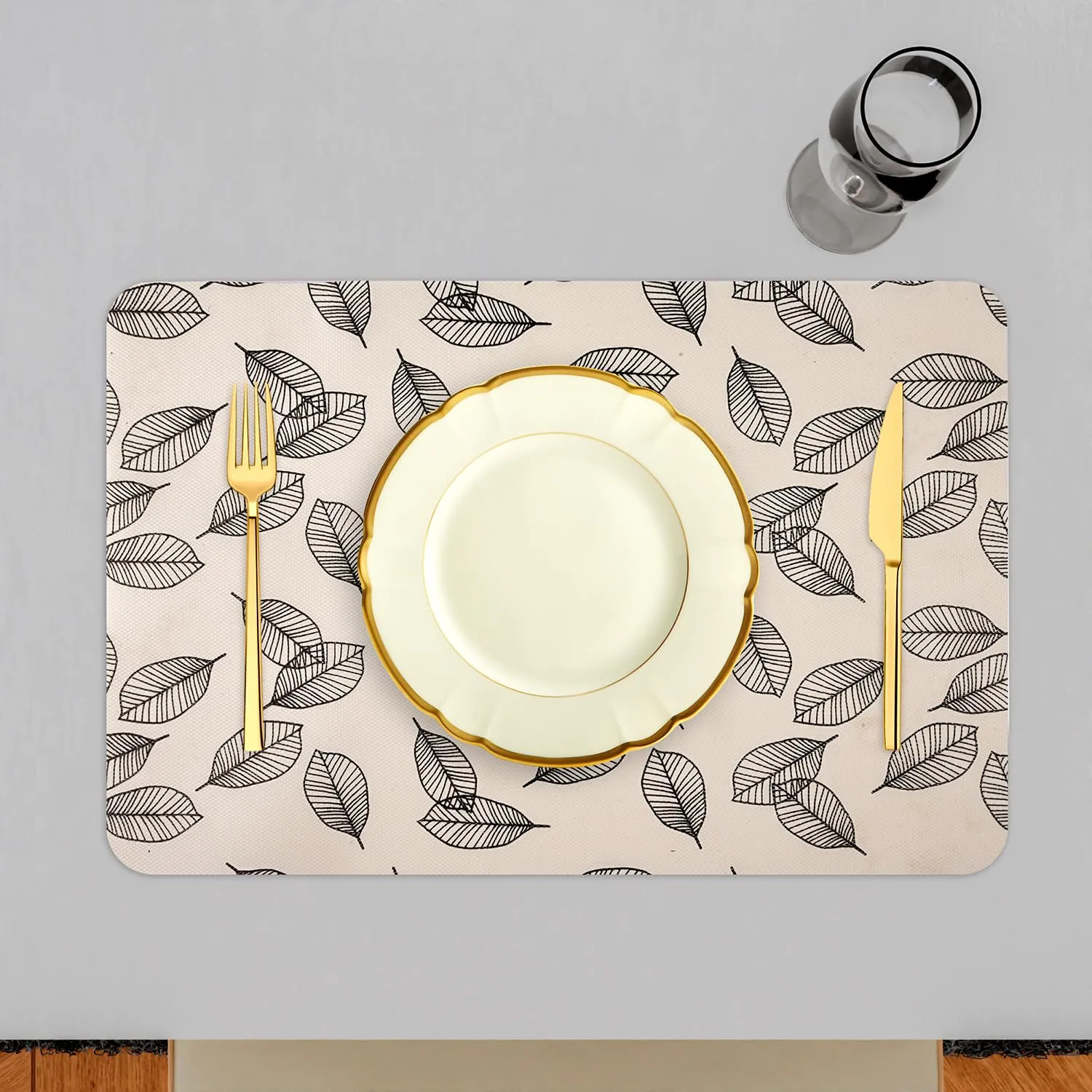 Kuber Industries Placemat | Placemats for Dining Room | Anti-Slip Table Mat Set | Placemats for Kitchen Table | Dining Table Placemats | Leaf-Design Placemat | 6 Piece Set | Cream