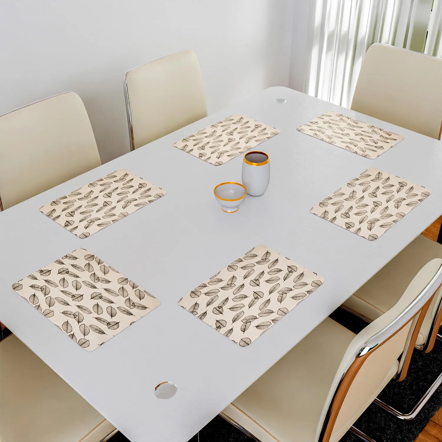 Kuber Industries Placemat | Placemats for Dining Room | Anti-Slip Table Mat Set | Placemats for Kitchen Table | Dining Table Placemats | Leaf-Design Placemat | 6 Piece Set | Cream