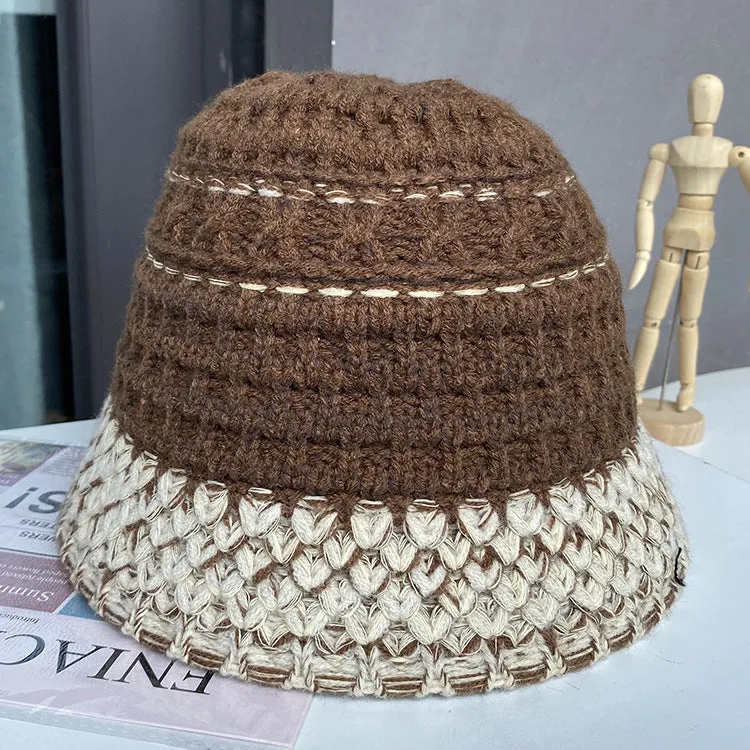 Ladies autumn and winter bucket hat all-match wool hat Western style knitted stitching warm basin hat