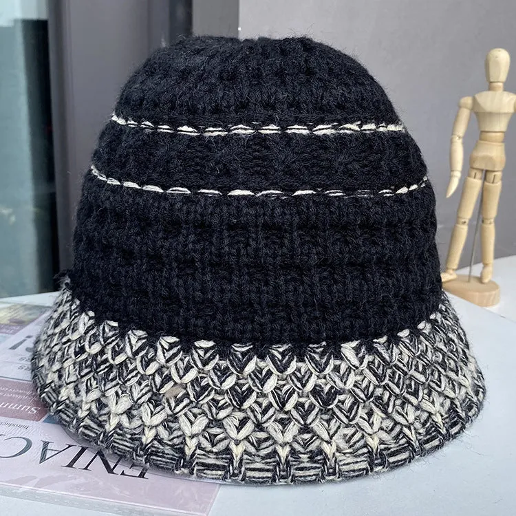 Ladies autumn and winter bucket hat all-match wool hat Western style knitted stitching warm basin hat