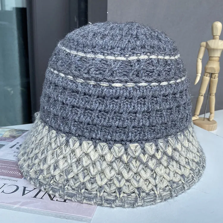 Ladies autumn and winter bucket hat all-match wool hat Western style knitted stitching warm basin hat